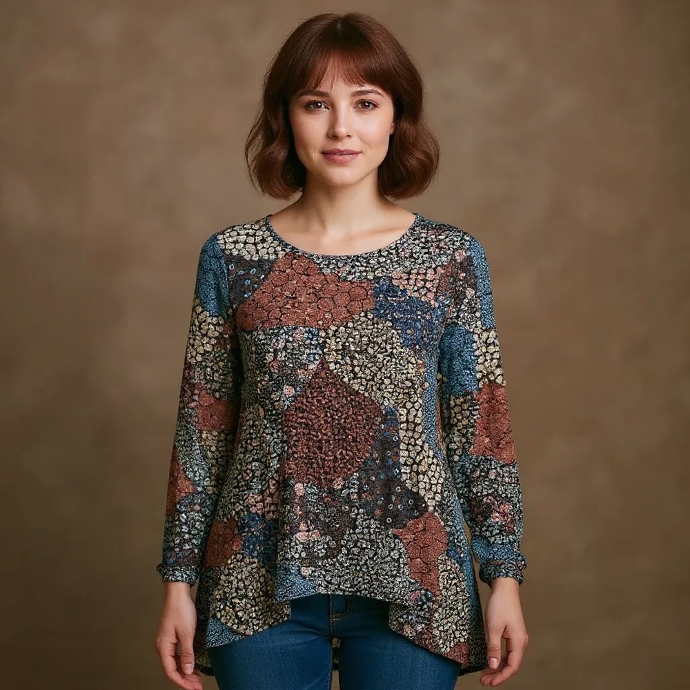 Jules & Leopold Multi color Floral Patchwork Pattern Asymmetrical Hem Top Size M